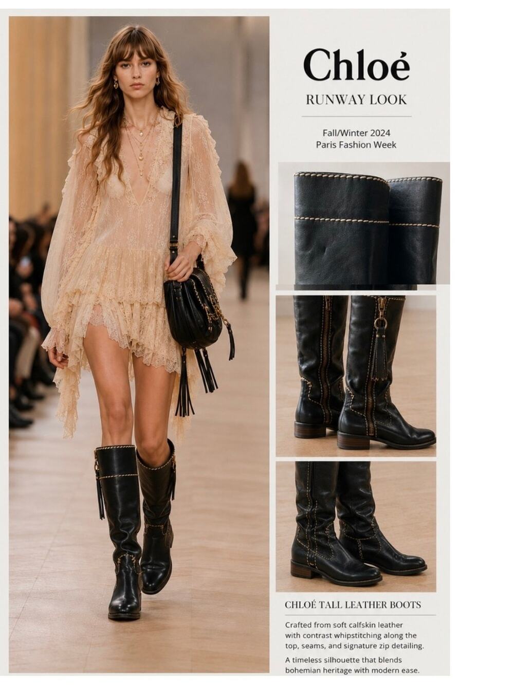 Chloe Leather Equestrian-Inspired
Whipstitch Trim Riding Boots in black, 8.5